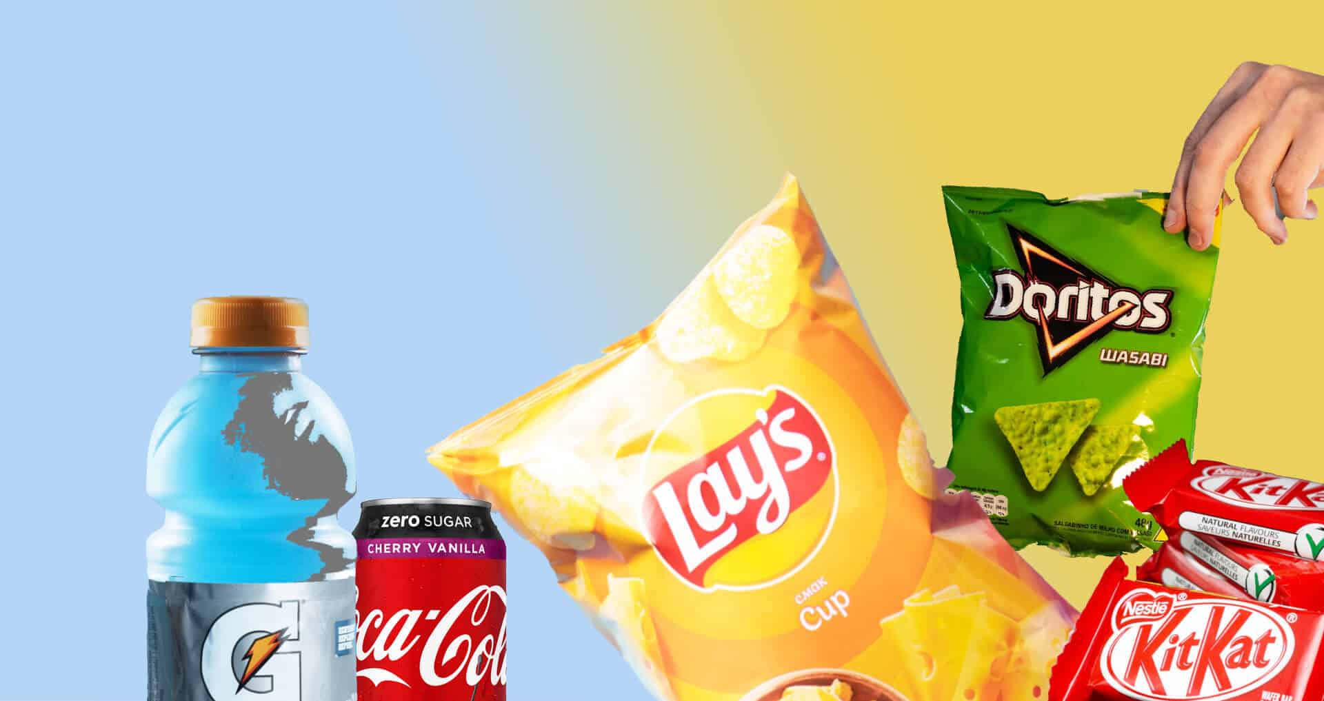 An assortment of popular snacks and drinks that are often sold in combo vending machines.